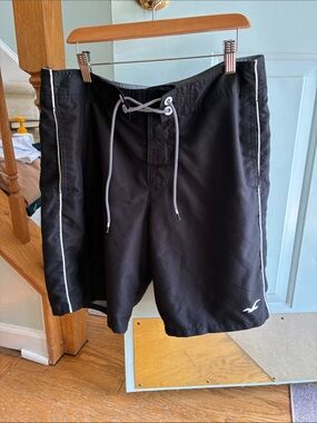 Hollister Black Swim Board Shorts with White Piping